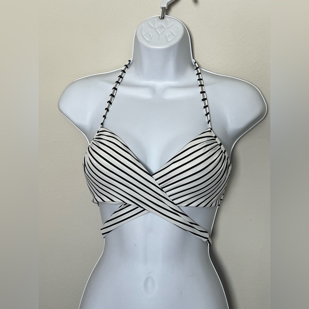 White and Black Stripe Criss-cross Halter Swimsuit Bikini Top Victoria’s Secret